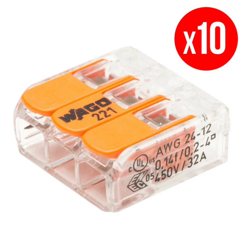 Pack De 10 Bornes De Connexion Rapide à Levier WAGO 3 Entrées Fil Souple Et Rigide - S221