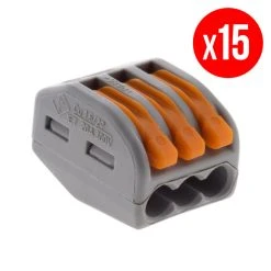 Pack De 15 Bornes De Connexion Rapide A Levier WAGO 3 Entrées Fil Souple Et Rigide - S222