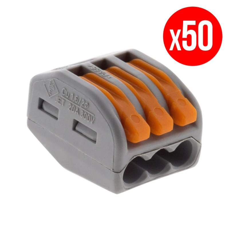 Pack De 50 Bornes De Connexion Rapide A Levier WAGO 3 Entrées Fil Souple Et Rigide - S222